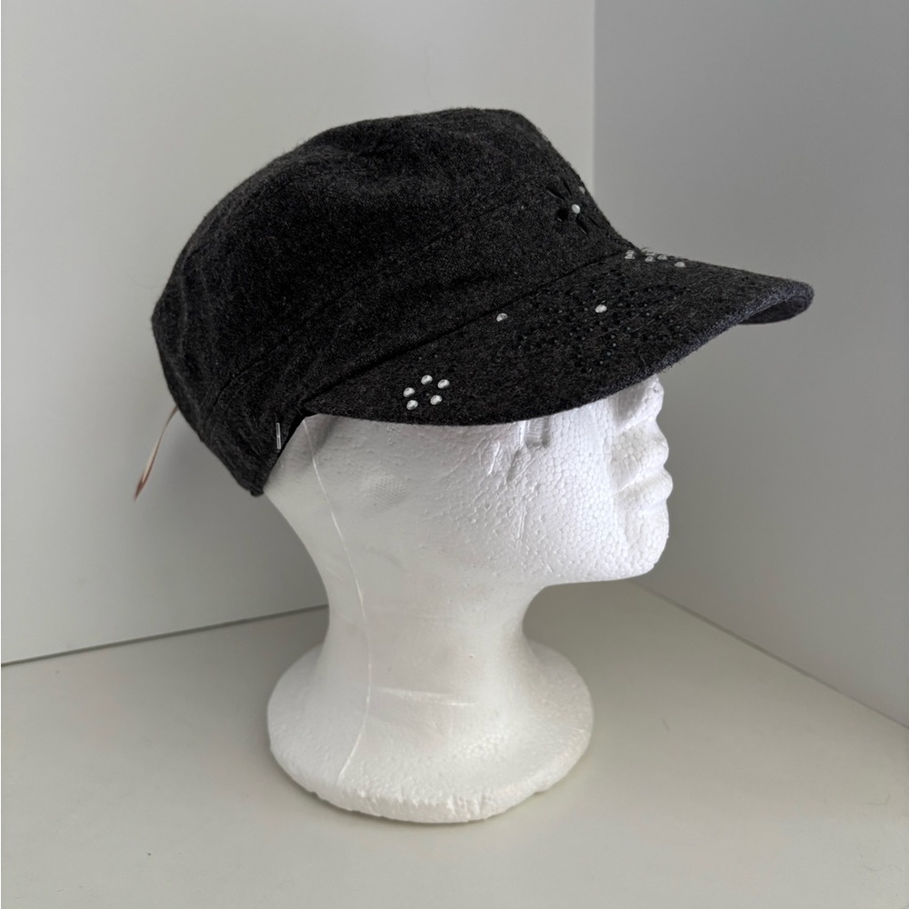 NWT Scala Pronto Grey Floral Gemstone Studded Cadet Cap One Size